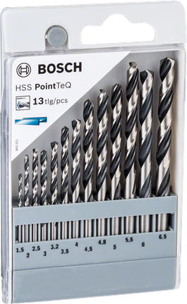 Juego de brocas helicoidales HSS Bosch (13 piezas, 1,5–6,5 mm).