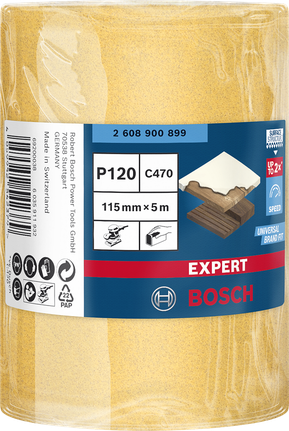 Rollo de papel de lija Bosch EXPERT C470 de 115 mm x 5 m, grano 120.