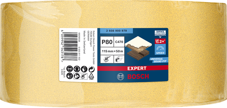 Rollo de papel de lija Bosch EXPERT C470 de 115 mm x 50 m, grano 80.