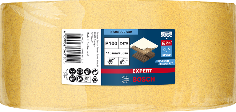 Rollo de papel de lija Bosch EXPERT C470 de 115 mm x 50 m, G100.