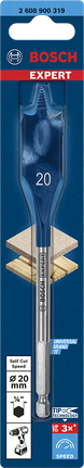 Broca de pala autoajustable Bosch EXPERT de 20 mm para taladrar madera rápidamente.