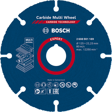 Disco de corte de carburo multimaterial Bosch EXPERT de 125 mm.