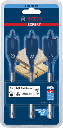 Juego de brocas planas Bosch EXPERT Self Cut Speed ​​de 20, 22 y 25 mm.