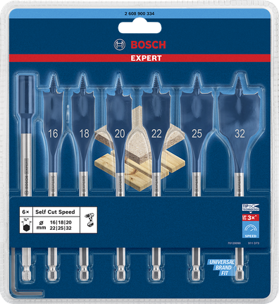 Juego de brocas de pala de corte rápido Bosch EXPERT Self Cut de 16 a 32 mm.