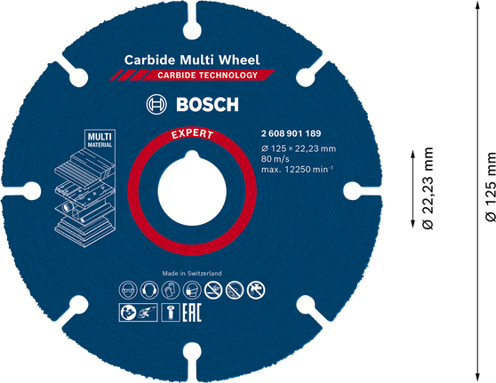Disco de corte de carburo multimaterial Bosch EXPERT de 125 mm.