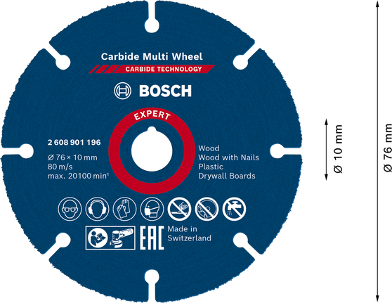 Disco de corte de carburo multimaterial Bosch EXPERT de 76 x 10 mm.