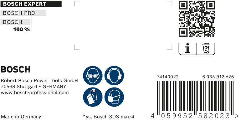 Etiqueta de la broca para taladro percutor Bosch EXPERT SDS max-8X, iconos de seguridad.