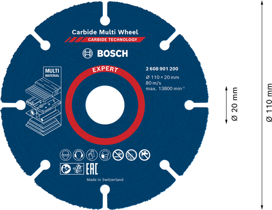 Disco de corte de carburo multimaterial Bosch EXPERT de 110 mm.