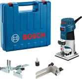 Kit de fresadora de palma Bosch GKF 600 con estuche y accesorios.
