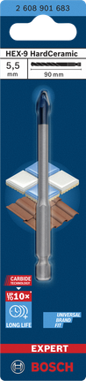 Broca de cerámica dura Bosch EXPERT HEX-9 de 5,5 x 90 mm.
