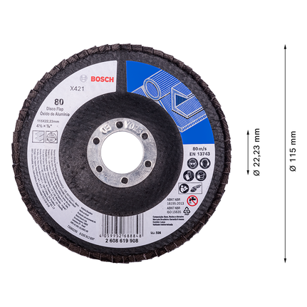 Disco de láminas de acero Bosch X421 óxido de aluminio G80 115mm.