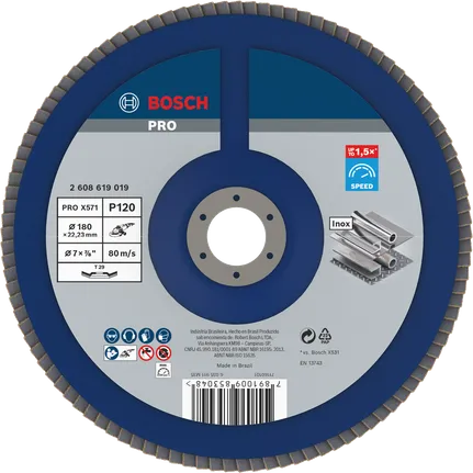 Disco de láminas Bosch PRO X571 angulado de 180 mm G120 para acero.