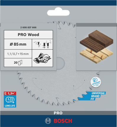 Hoja de sierra circular inalámbrica Bosch PRO Wood de 85 mm para cortes limpios en la madera.
