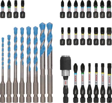 Expositor Bosch PRO Impact Mixed Set con 35 brocas y puntas de atornillar.