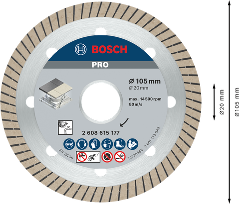 Disco de diamante cerámico Bosch PRO de 105 mm para corte de azulejos.