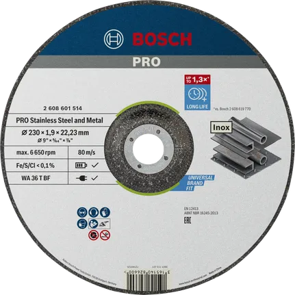Disco de corte Bosch PRO para acero inoxidable y metal de 230 mm.
