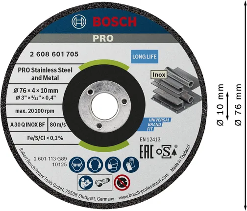 Disco de amolar Bosch PRO para acero inoxidable y metal, 76 x 4 x 10 mm.