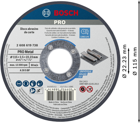 Disco de corte de metal Bosch PRO de 115 x 2,5 x 22,23 mm.
