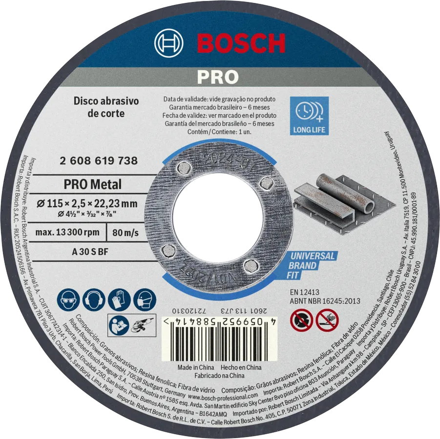 Disco de corte de metal Bosch PRO de 115 x 2,5 x 22,23 mm.