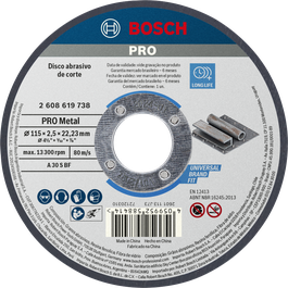 Disco de corte de metal Bosch PRO de 115 x 2,5 x 22,23 mm.
