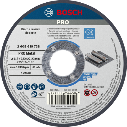 Disco de corte de metal Bosch PRO de 115 x 2,5 x 22,23 mm.