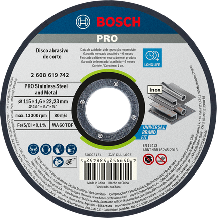 Disco de corte Bosch PRO para acero inoxidable y metal, 115 mm.