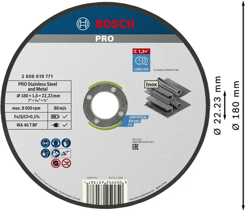 Disco de corte Bosch PRO para acero inoxidable y metal de 180 mm.
