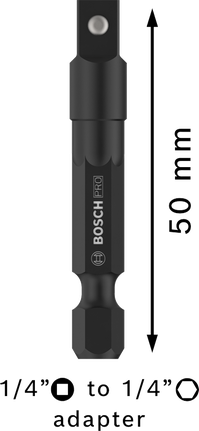 Adaptador de llave de vaso Bosch PRO de hexagonal de 1/4 de pulgada a cuadrado de 1/4 de pulgada, 50 mm.