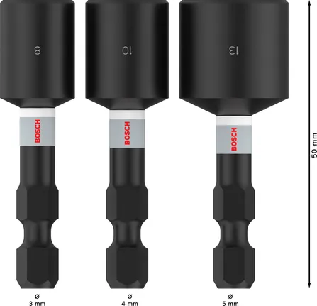 Juego de llaves de impacto Bosch PRO para tuercas de 8, 10 y 13 mm, longitud de 50 mm.