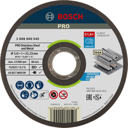 Disco de corte Bosch PRO para acero inoxidable y metal, 115 mm.