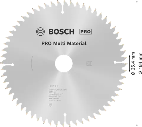 Hoja de sierra circular Bosch PRO Multi Material, 184 mm de diámetro.