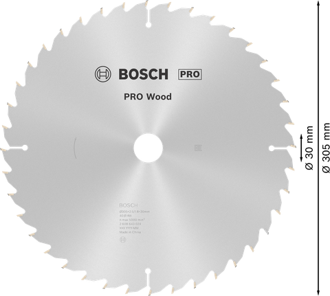 Hoja de sierra circular Bosch PRO Wood de 305 mm para cortar madera.