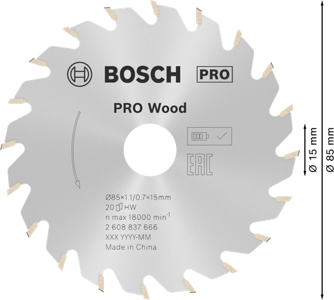 Hoja de sierra circular inalámbrica Bosch PRO Wood de 85 mm.