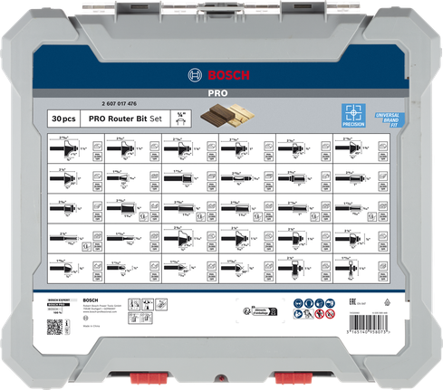 Juego mixto de 30 fresas para router Bosch PRO en estuche de almacenamiento.