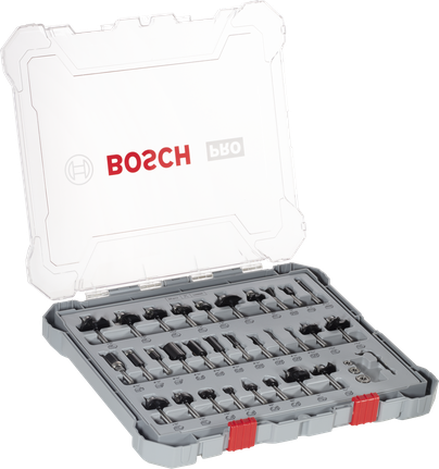 Juego mixto de 30 fresas para router Bosch PRO en estuche de plástico.