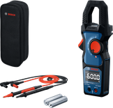 Kit de pinza amperimétrica digital Bosch con cables, estuche y pilas AA.
