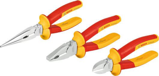Juego de 3 alicates Bosch VDE con mangos aislados.
