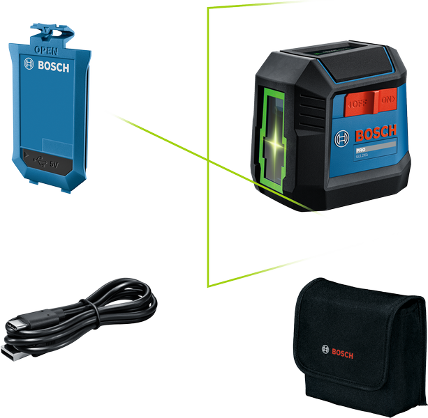 Herramienta niveladora láser Bosch GLL 2-15 G con estuche y cargador.
