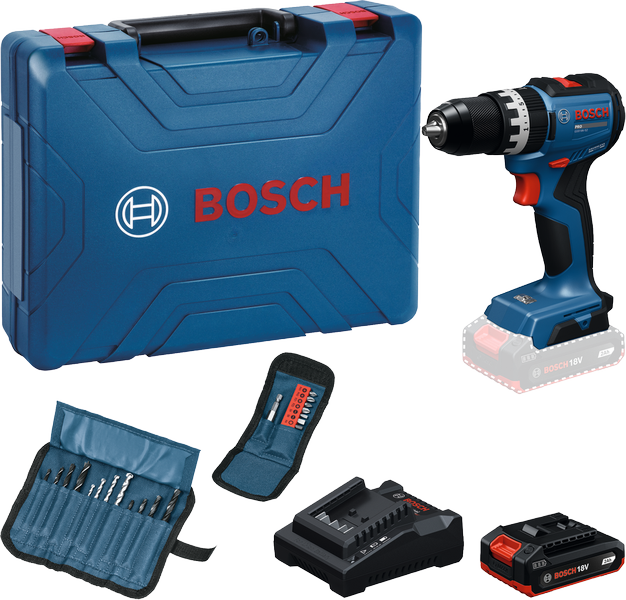 Taladro atornillador inalámbrico Bosch GSB 18V-52 con maletín y accesorios.