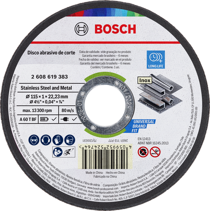 Disco de corte Bosch para acero inoxidable y metal de 115 mm.