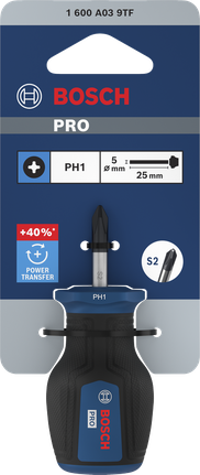 Destornillador Bosch PRO Stubby PH1 25 mm con empuñadura ergonómica.