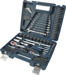 Juego mixto de herramientas manuales Bosch, 134 piezas, en estuche azul.
