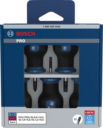Juego de destornilladores Bosch PRO Stubby PH/SL con varillas S2 y par de torsión +40%.