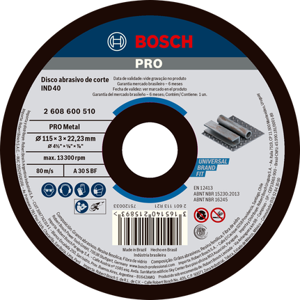 Disco de corte de metal Bosch PRO de 115 x 3 x 22,23 mm.