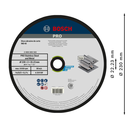 Disco de corte Bosch PRO de acero inoxidable de 230 x 2 mm.