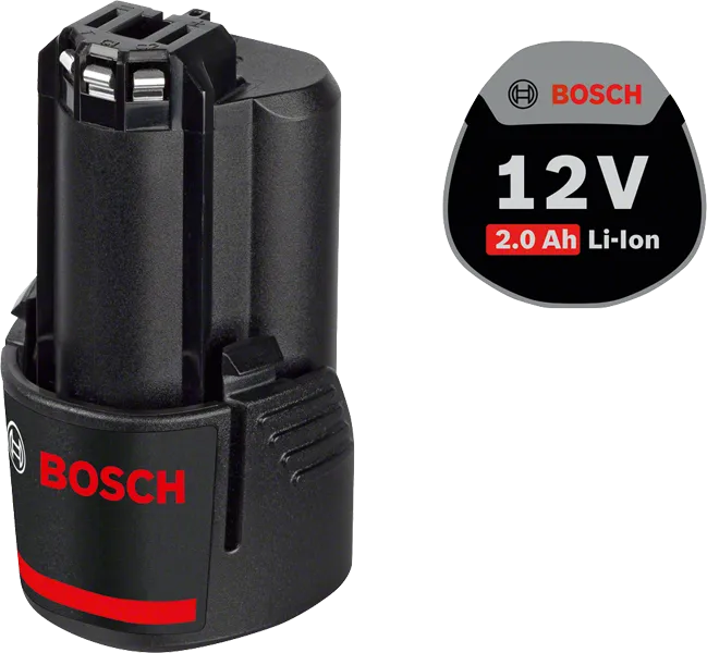 Paquete de baterías de iones de litio Bosch de 12 V y 2,0 Ah.