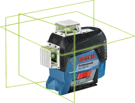 Herramienta niveladora láser Bosch GLL 3-80 CG con líneas láser verdes.