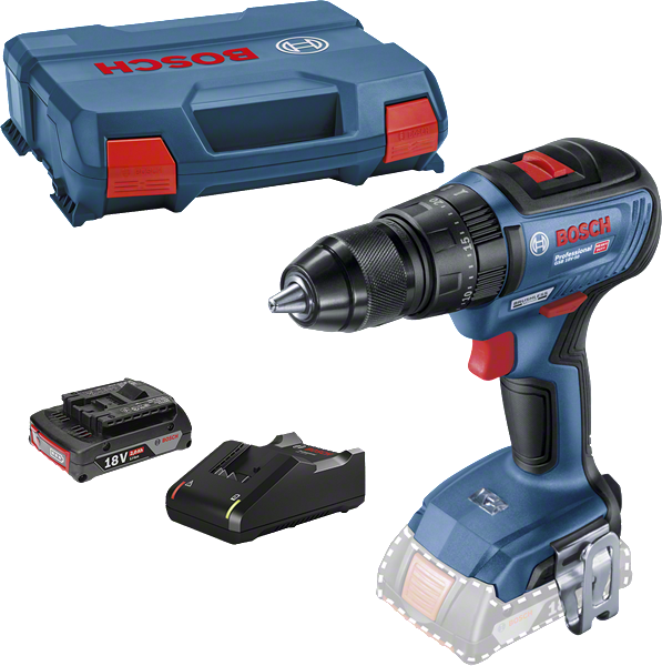 Kit de taladro inalámbrico Bosch con batería de 18 V y cargador.