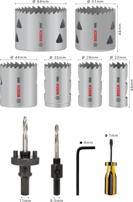 Juego de sierras de corona multimaterial Bosch PRO, 12 piezas con tamaños de 22 a 64 mm.