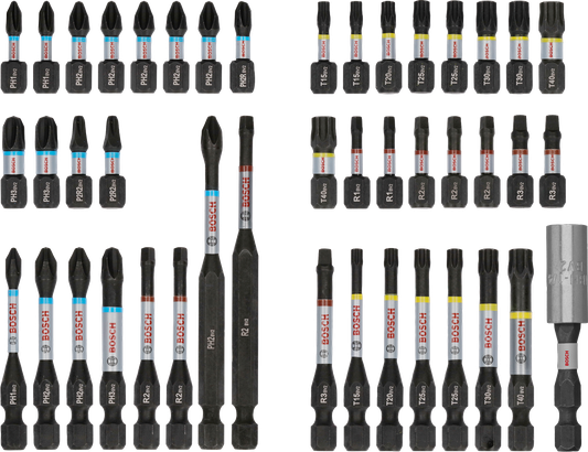 Juego de puntas de destornillador de impacto Bosch PRO, 44 piezas, codificadas por colores.